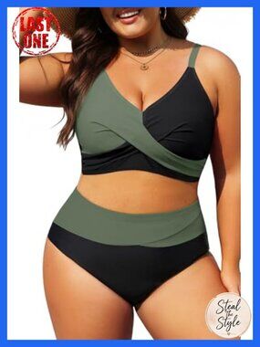 Plus Size High Waisted Two Piece Swimsuit Color Block Bikini Set with